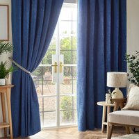 Chenille Triple Woven Ready Made Blackout Pencil Pleat Curtains Blue