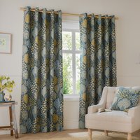 Wylder Ophelia Floral Jacquard Room Darkening Eyelet Curtain Pair, Blue/Saffron - Size 168 cm x 183 cm